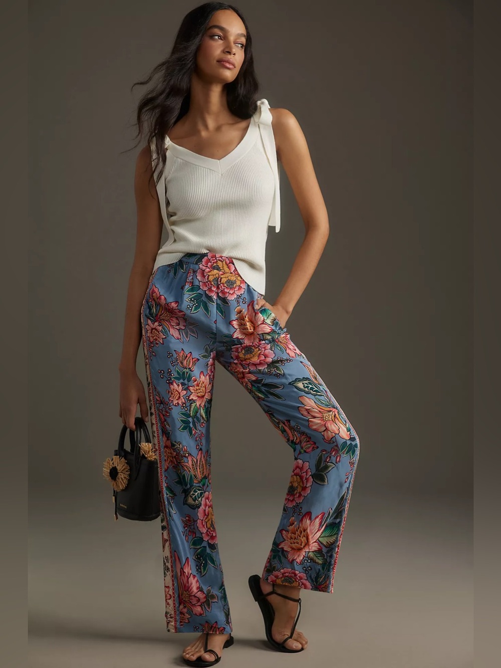 FARM Rio Blue Floral Straight-Leg Pants with Pink & Green Blooms